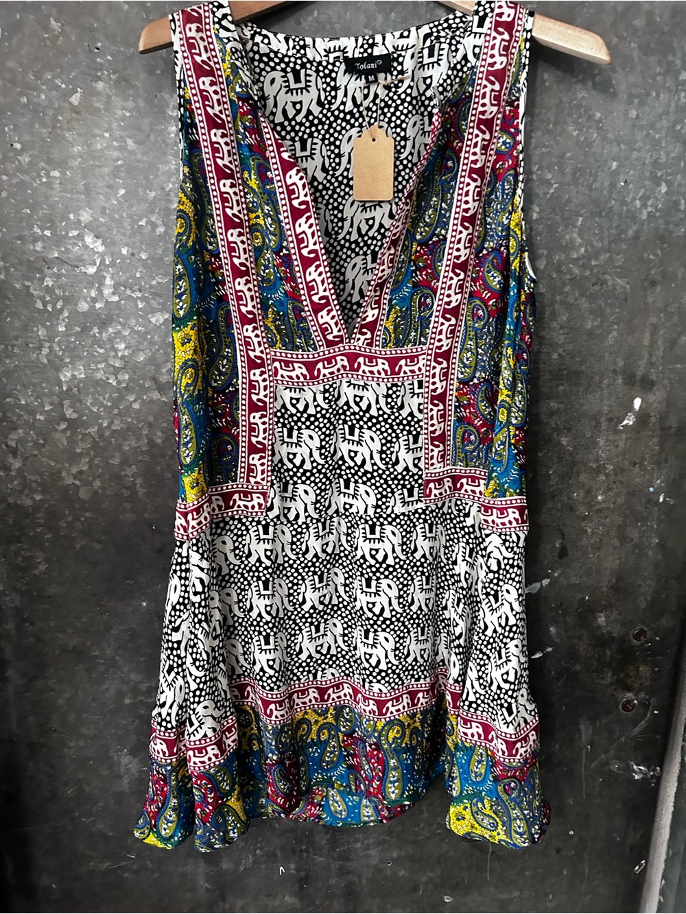 Anthropologie Tolani silk Elephant Print V-Neck Sundress with Colorful Paisley
